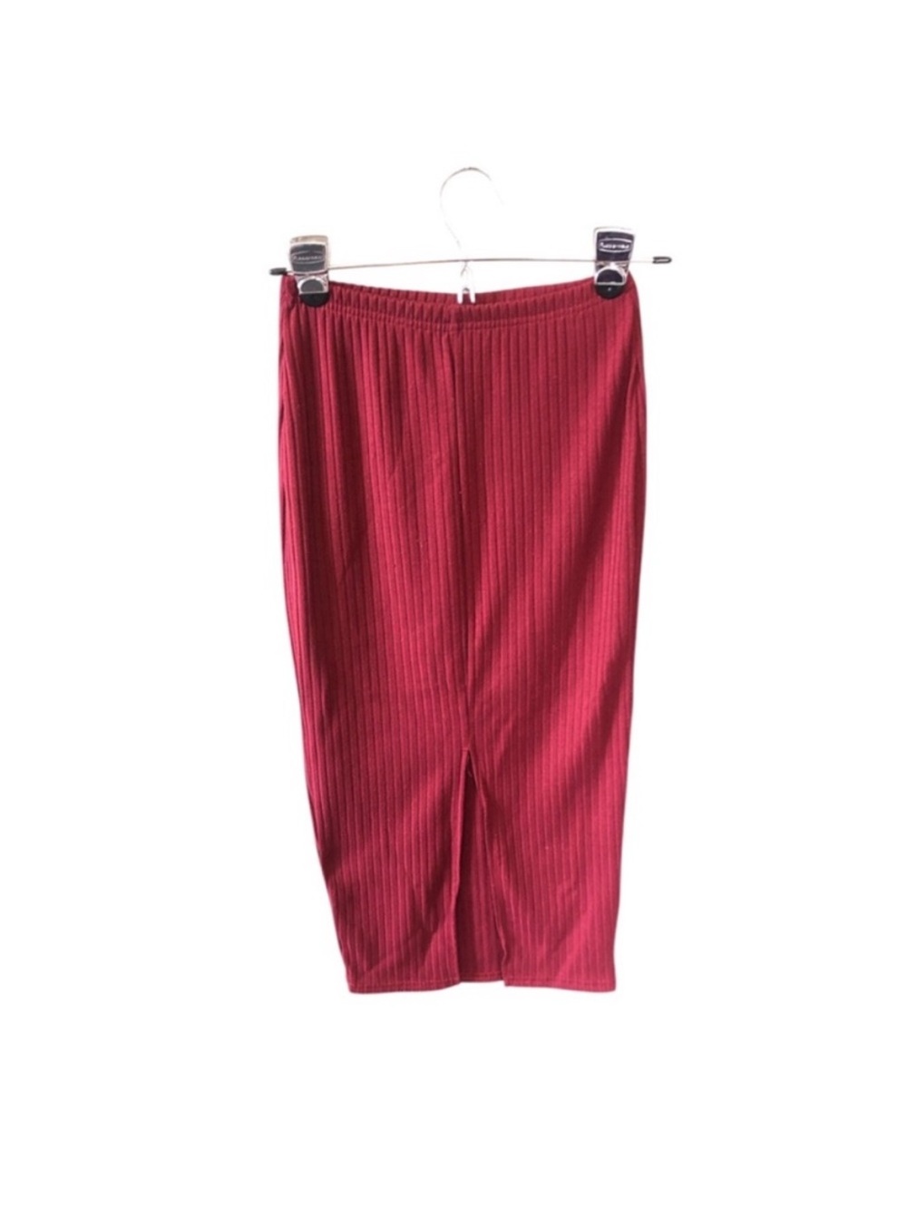 Maroon Ribbed Long Bodycon Front Slit Skirt Size XS